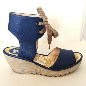 FLY LONDON - Navy Blue  Ankle Tie Wedge - 39 (8.5 M)